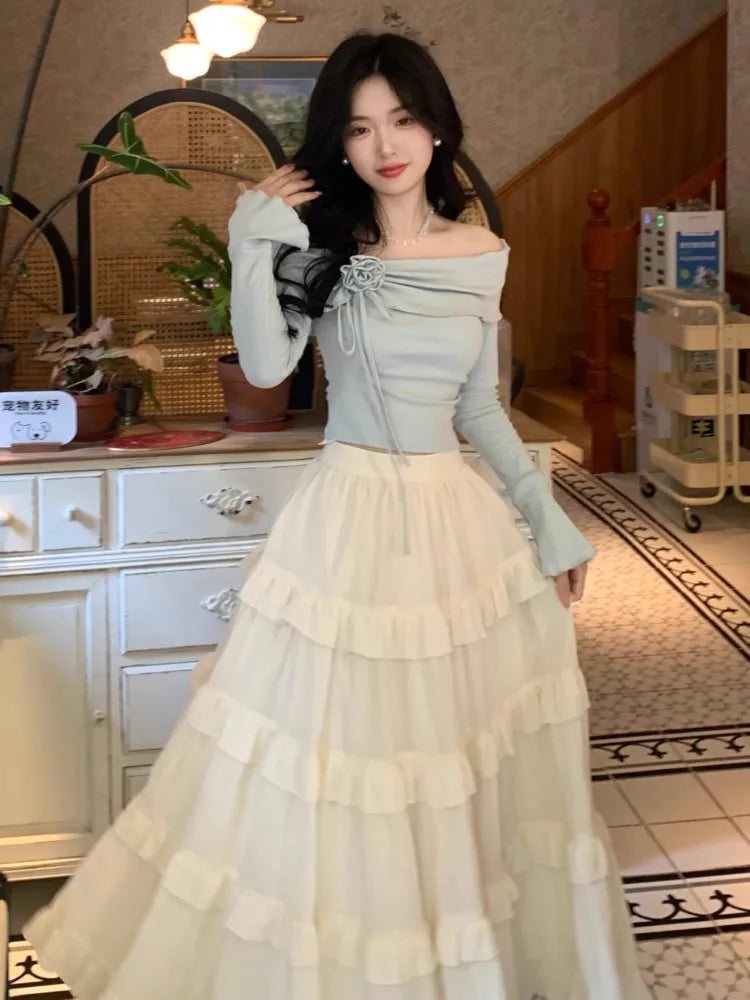 Two-Piece set, Korean Style Blue Top + Long Flowy White Skirt