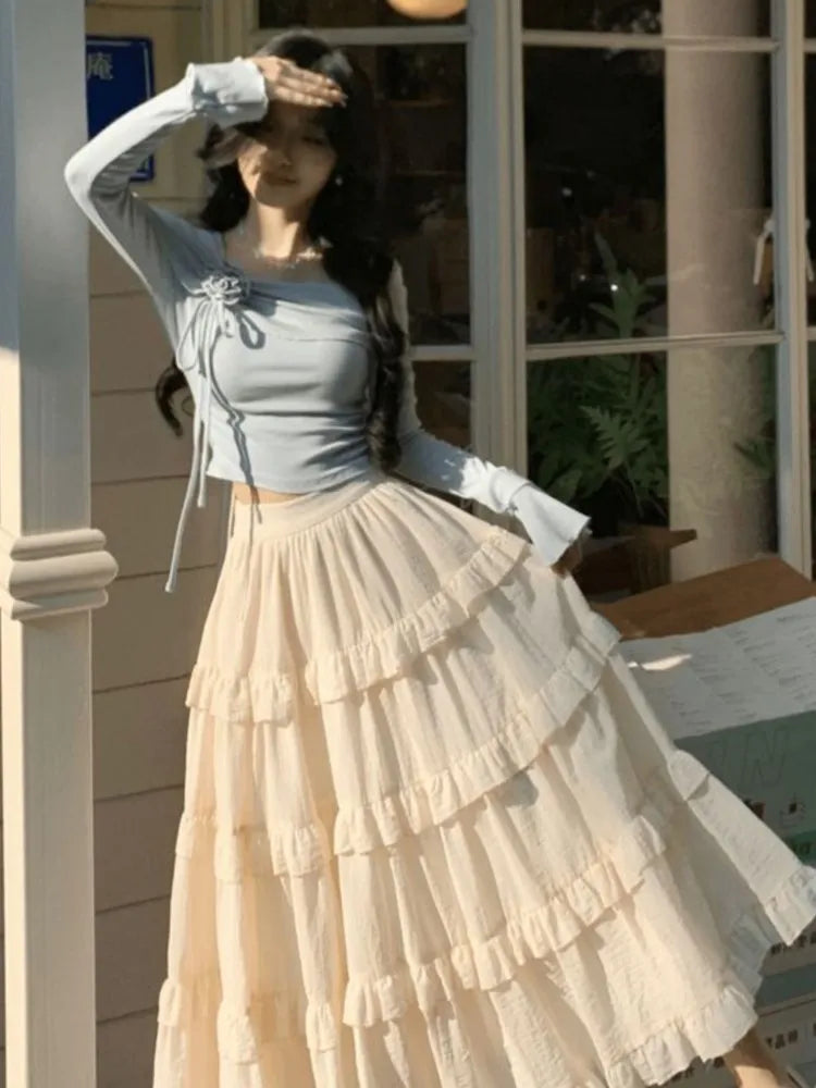 Two-Piece set, Korean Style Blue Top + Long Flowy White Skirt