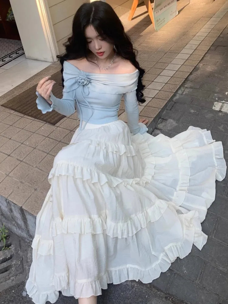 Two-Piece set, Korean Style Blue Top + Long Flowy White Skirt