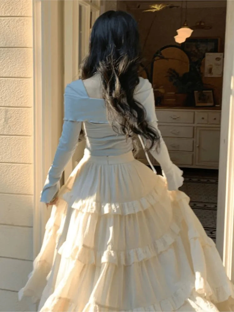 Two-Piece set, Korean Style Blue Top + Long Flowy White Skirt