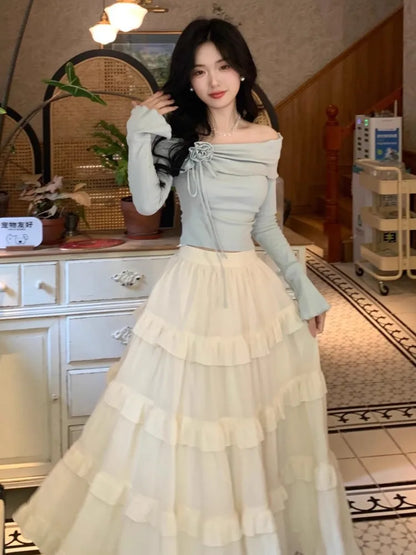 Two-Piece set, Korean Style Blue Top + Long Flowy White Skirt