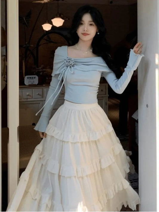 Two-Piece set, Korean Style Blue Top + Long Flowy White Skirt