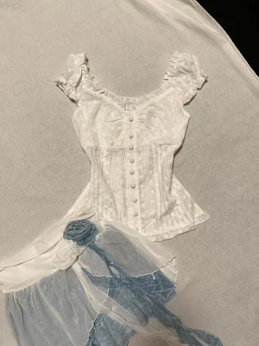 V-Neck White Top and Lace Denim Skirt Two-Piece set