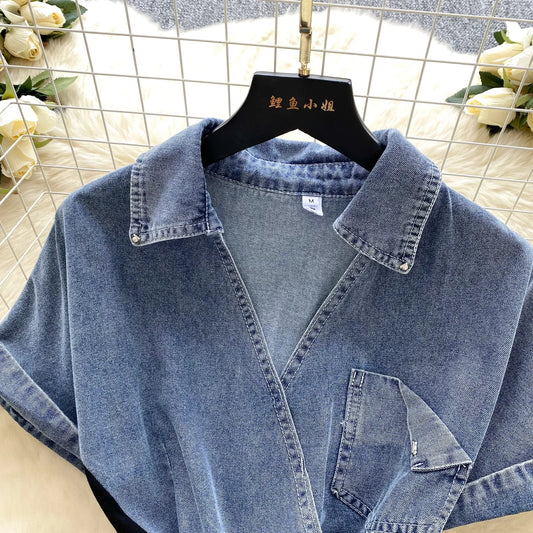 "Light Luxury Style" Design Sense Denim Dress. Women's New Summer Fashion Mesh Yarn Stitching Perfect Temperament Long Dress